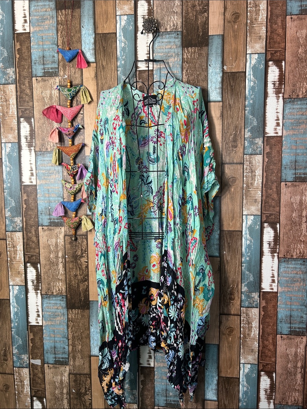 Angie Mint Floral Open-Front Kimono Tunic with Black Border - Picture 1 of 16